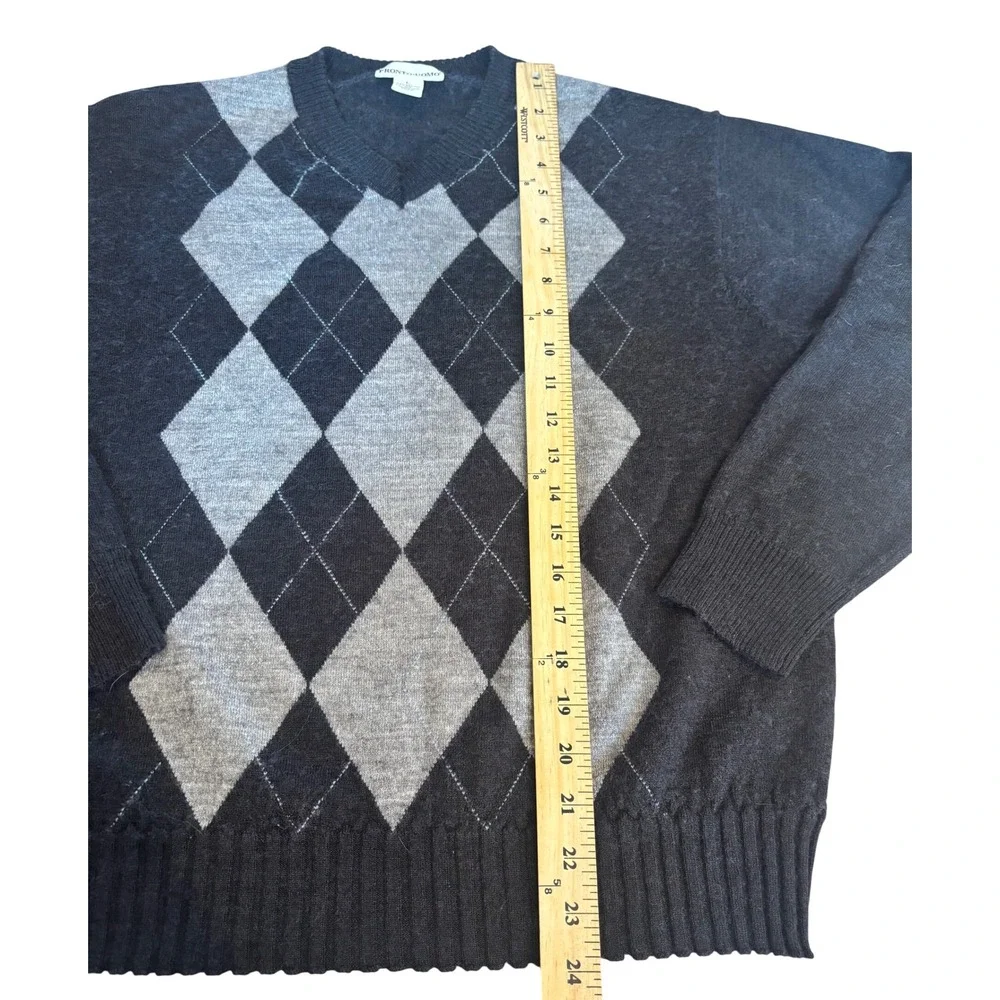 Pronto Uomo Mens Large Argyle V-Neck Sweater Merino Wool Blend Charcoal Grey